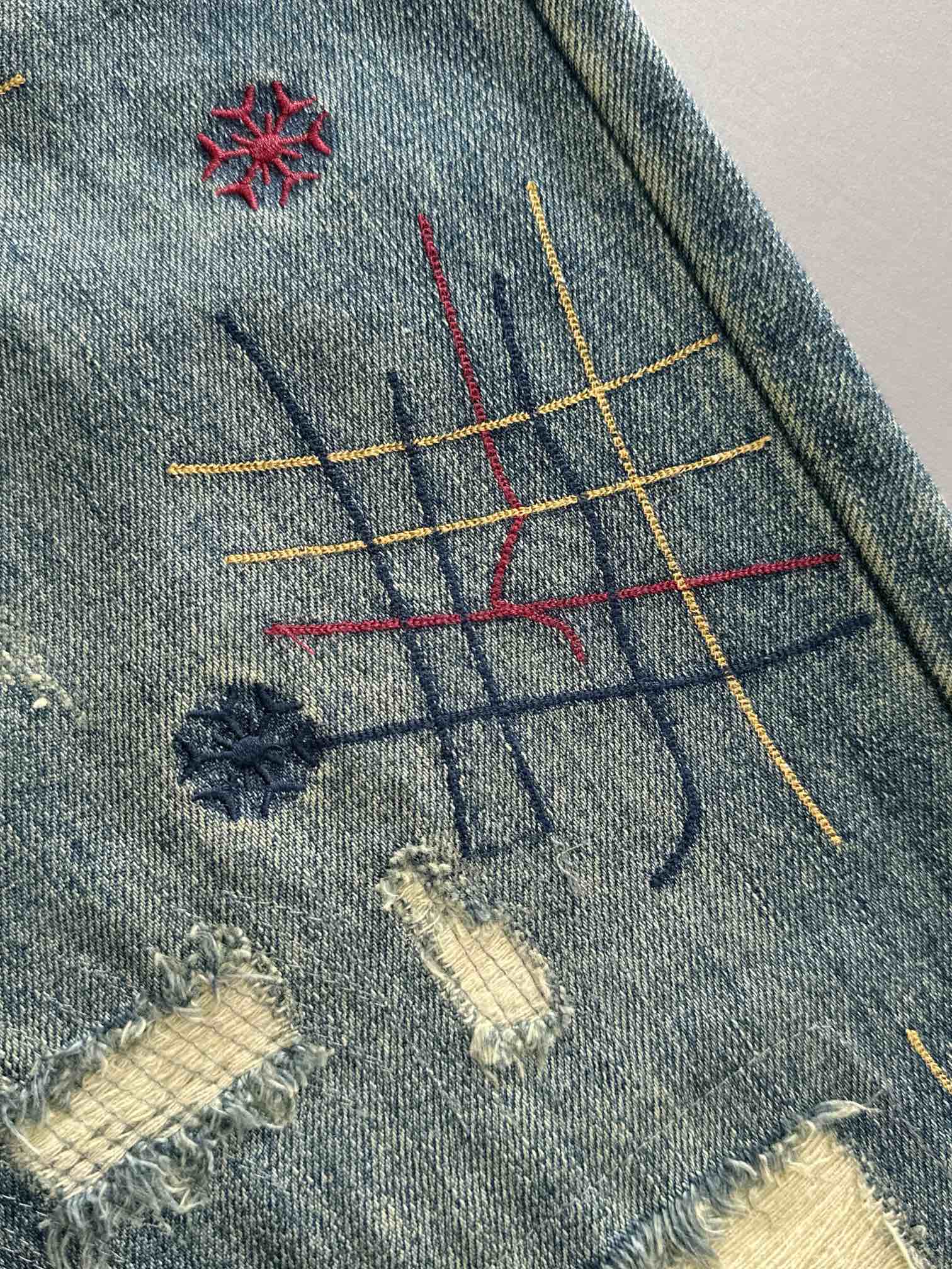 LV 原單男士牛仔褲手工刺繡做舊設計潮流復古款｜歐美奢侈品精品推薦