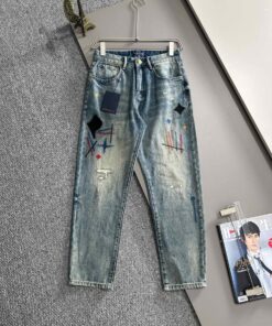 LV A貨男士牛仔褲彩色刺繡做舊街頭潮流款