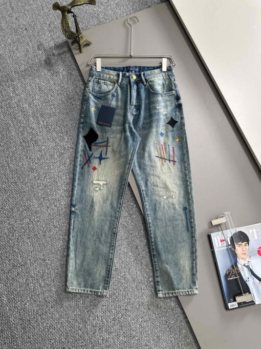 LV A貨男士牛仔褲彩色刺繡做舊街頭潮流款