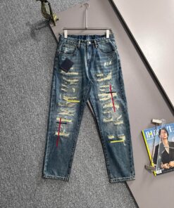 LV 高仿男士牛仔褲重工破壞彩線街頭潮流款