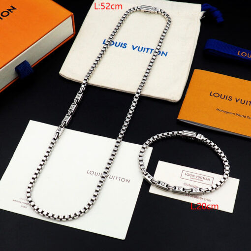 LV A貨銀色方節項鍊手鍊套組經典刻紋百搭飾品