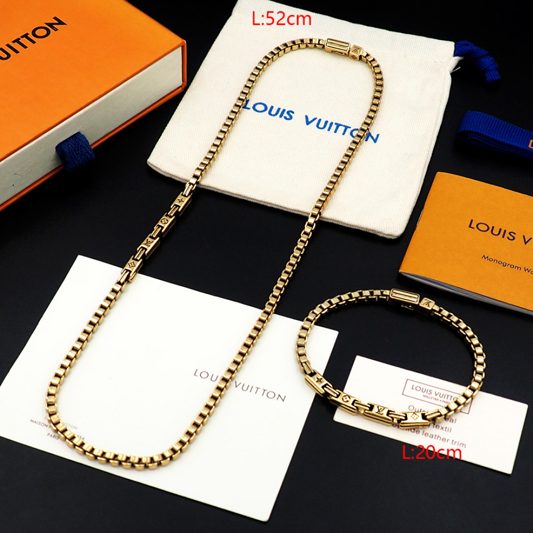 LV A貨銀色方節項鍊手鍊套組經典刻紋百搭飾品｜歐美奢侈品精品推薦