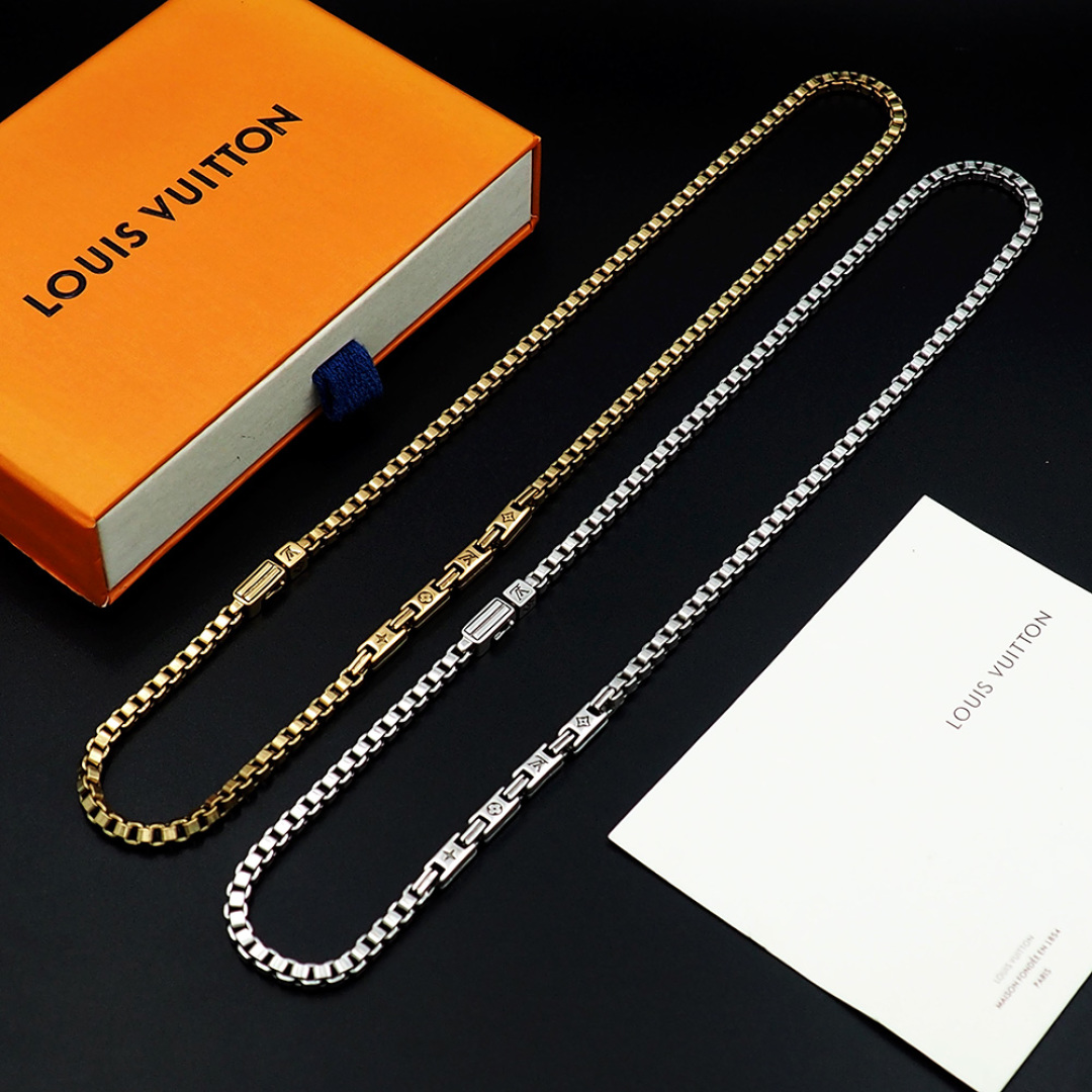 LV A貨銀色方節項鍊手鍊套組經典刻紋百搭飾品｜歐美奢侈品精品推薦