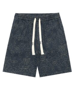 LV A貨男士牛仔短褲 深色Monogram刺繡 白色抽繩休閒設計