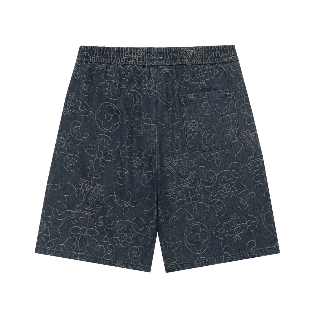 LV A貨男士牛仔短褲 深色Monogram刺繡 白色抽繩休閒設計｜歐美奢侈品精品推薦