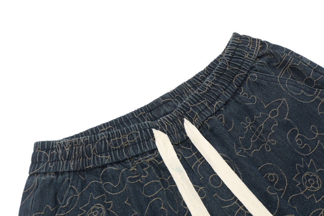 LV A貨男士牛仔短褲 深色Monogram刺繡 白色抽繩休閒設計｜歐美奢侈品精品推薦