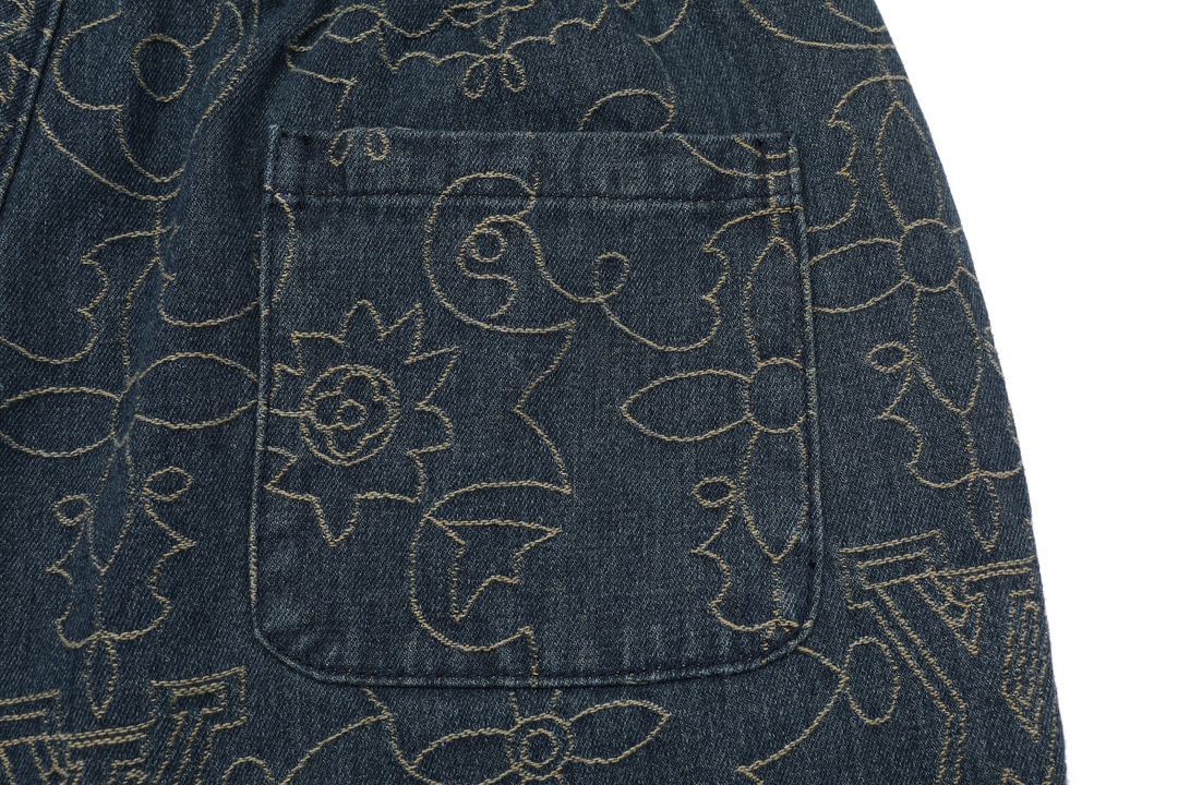LV A貨男士牛仔短褲 深色Monogram刺繡 白色抽繩休閒設計｜歐美奢侈品精品推薦