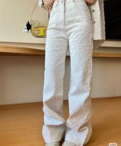 LV高仿女士白色高腰長褲立體織紋時尚修身款