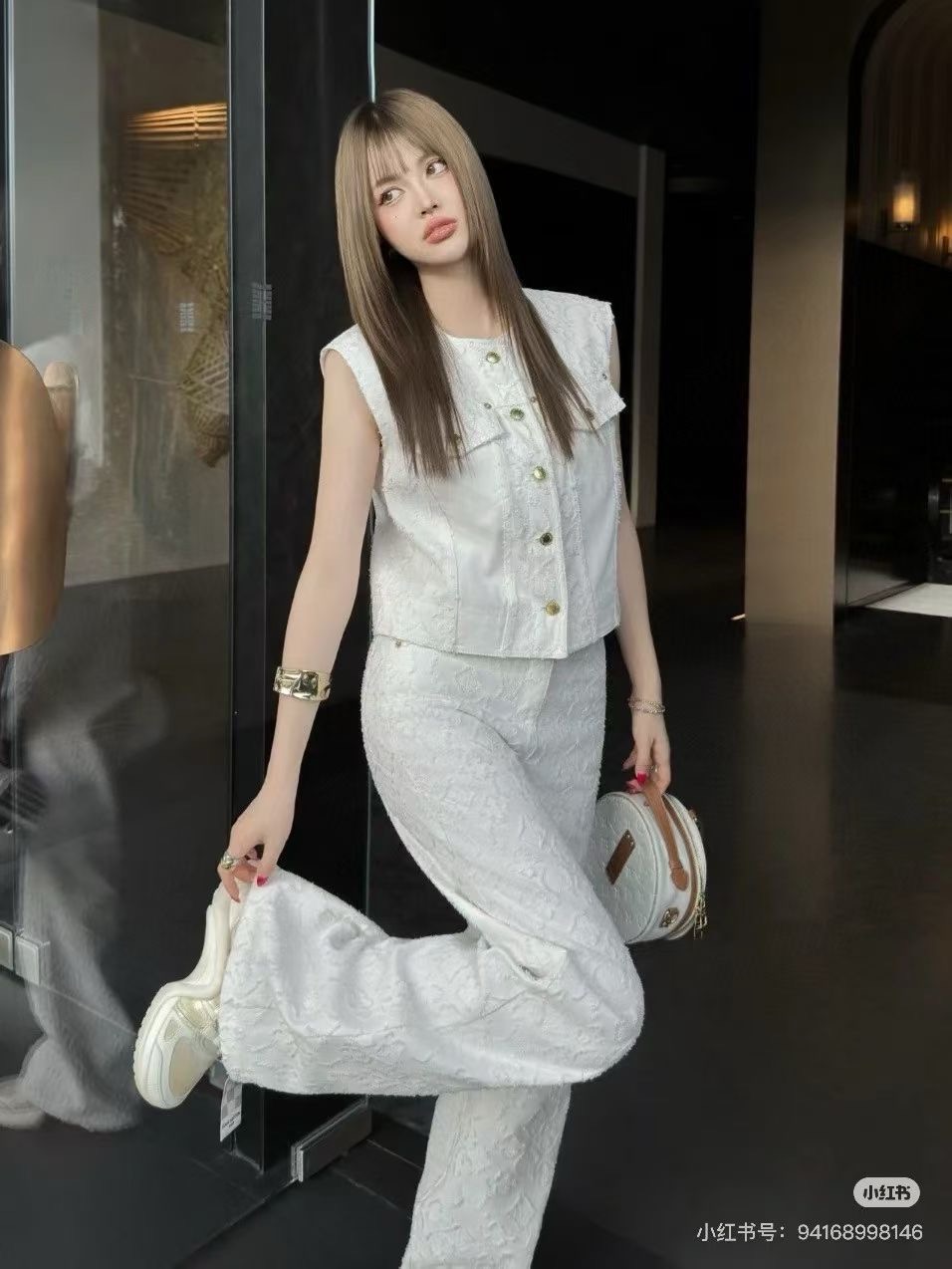 LV高仿女士白色高腰長褲立體織紋時尚修身款｜歐美奢侈品精品推薦