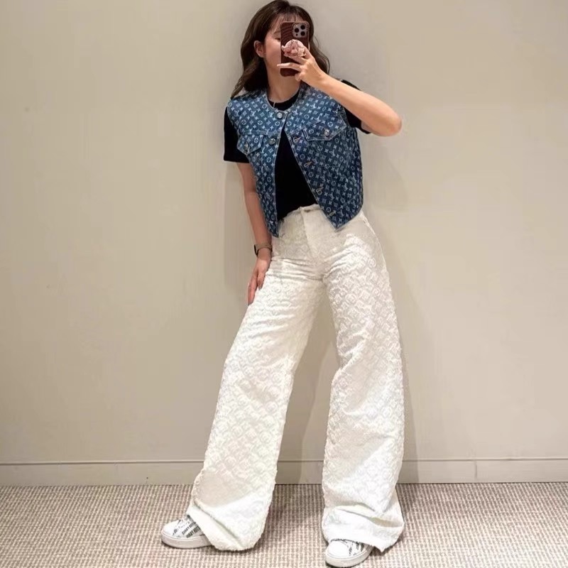 LV高仿女士白色高腰長褲立體織紋時尚修身款｜歐美奢侈品精品推薦