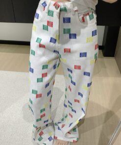 LV高仿女士白色彩色方塊印花直筒褲時尚休閒款