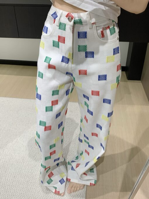 LV高仿女士白色彩色方塊印花直筒褲時尚休閒款