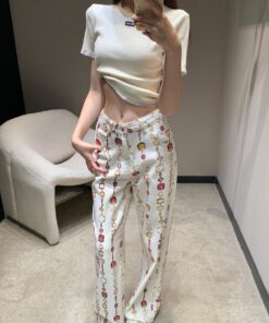 LV 原單寬鬆長褲 白色寶石鏈條印花直筒褲