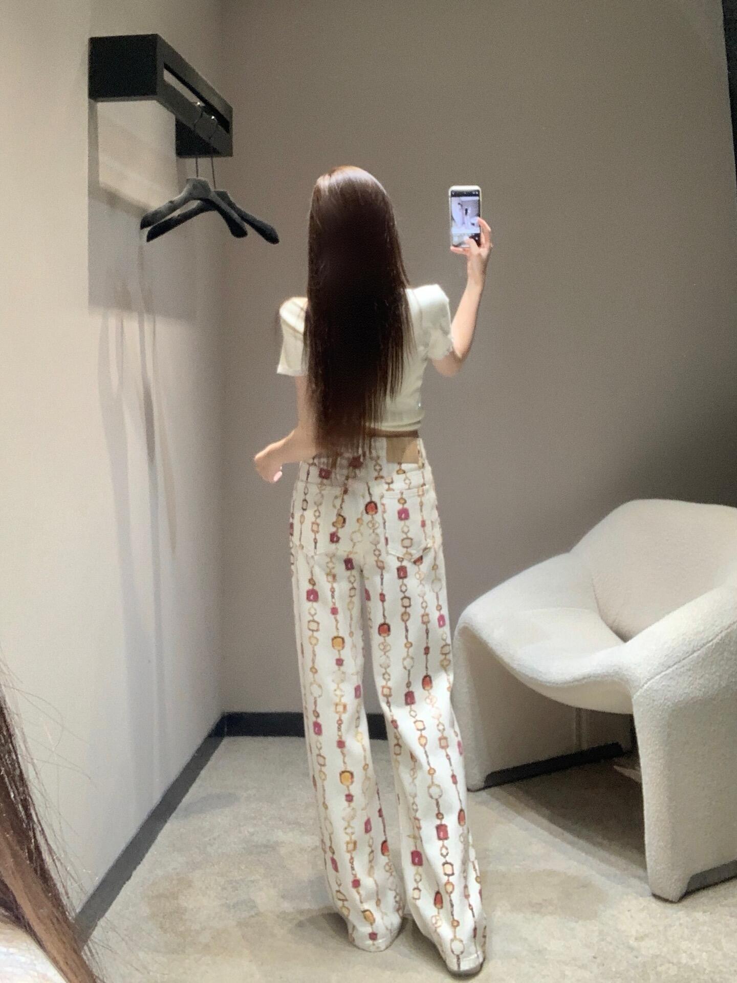 LV 原單寬鬆長褲 白色寶石鏈條印花直筒褲｜歐美奢侈品精品推薦