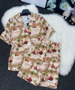 LV高仿男女款度假風短袖短褲套裝夏季花卉印花設計