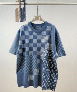 LV 精品仿製 男士針織短袖T恤 拼接格紋設計