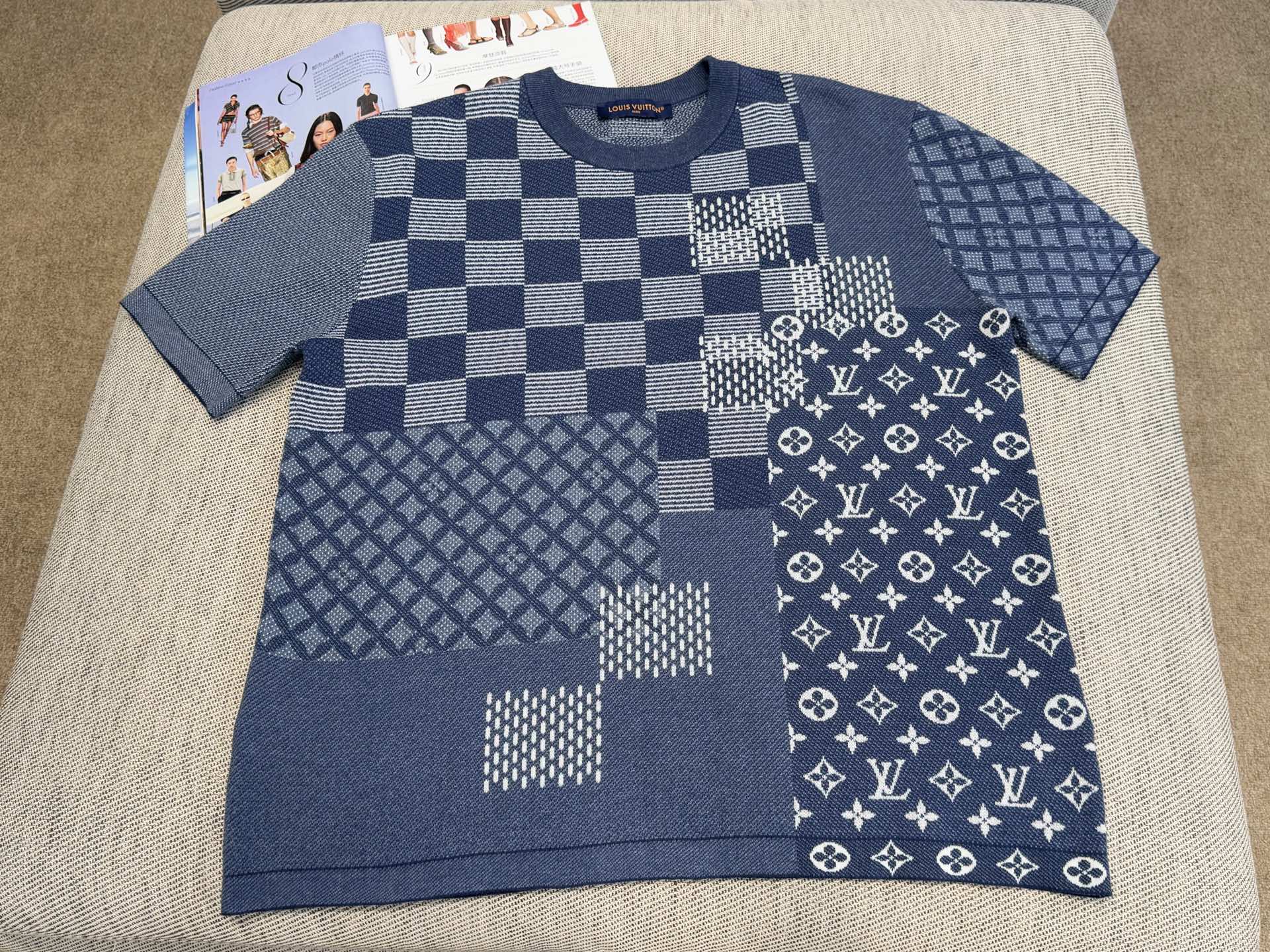 LV 精品仿製 男士針織短袖T恤 拼接格紋設計｜歐美奢侈品精品推薦