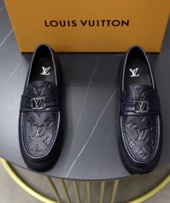 LV高仿壓紋樂福鞋藍黑雙色設計LOGO皮革精品男鞋
