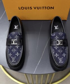 LV精品仿製深藍丹寧樂福鞋LOGO設計雅痞拼皮男鞋