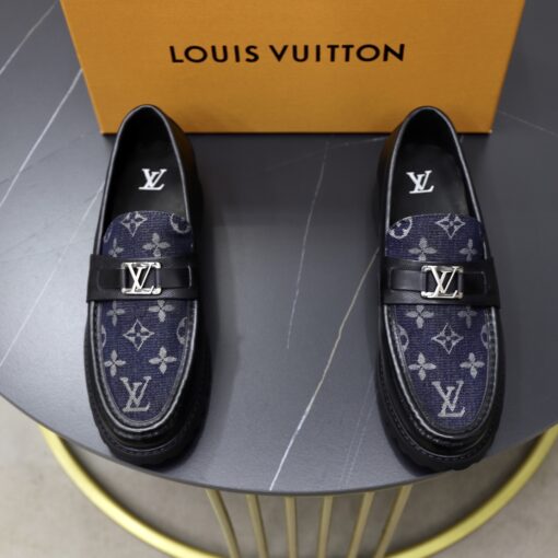LV精品仿製深藍丹寧樂福鞋LOGO設計雅痞拼皮男鞋