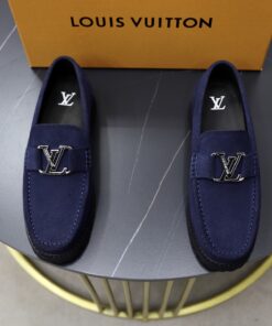 LV A貨深藍麂皮樂福鞋清新造型大Logo金屬點綴設計