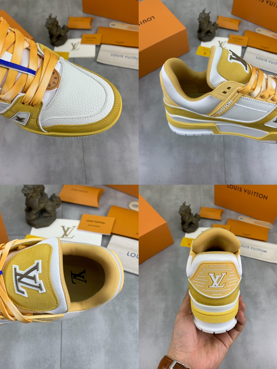 LV高仿男士黃色拼白皮革球鞋 夏季撞色復刻鞋型｜歐美奢侈品精品推薦