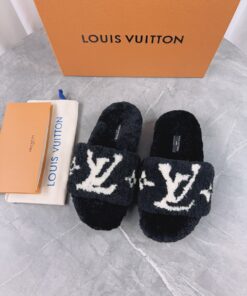 LV高仿女款毛毛拖鞋黑色大Logo百搭潮流款