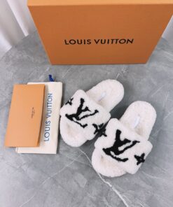 LV高仿女款毛毛拖鞋白色大Logo百搭冬季設計
