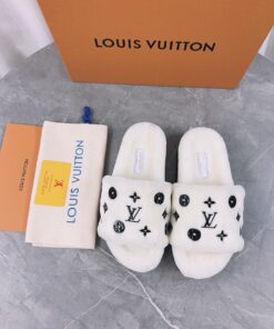 LV一比一女款毛毛拖鞋白色刺繡Logo簡約耐看款