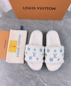 LV高仿女款毛毛拖鞋白底藍Logo亮色潮流款
