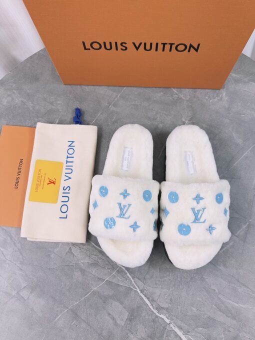 LV高仿女款毛毛拖鞋白底藍Logo亮色潮流款
