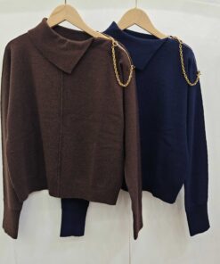 LV高仿女士針織毛衣深藍色鏈條裝飾高領設計