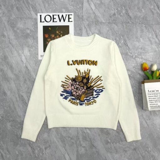 LV 精品仿製 女士針織毛衣 巴黎東京櫻花寶箱刺繡 圓領休閒款