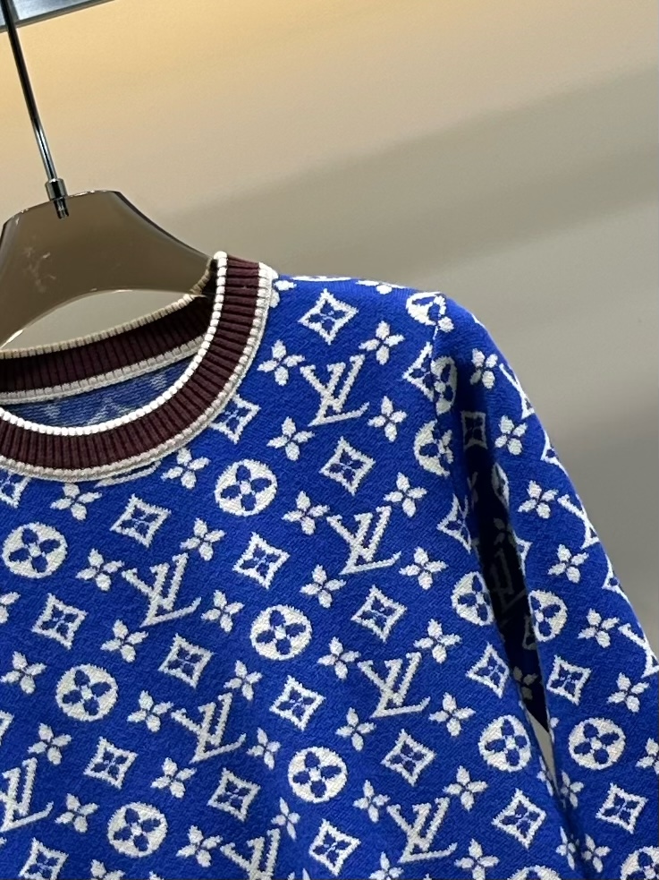 LV 一比一 女士針織毛衣 經典老花圖案 藍色圓領款｜歐美奢侈品精品推薦