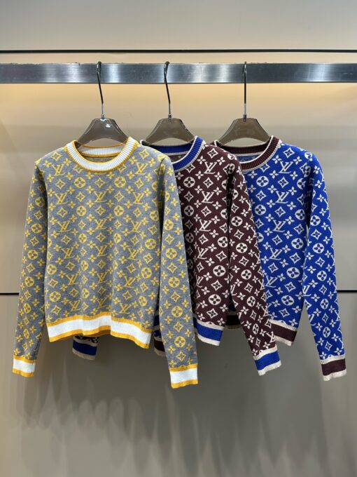 LV 一比一 女士針織毛衣 經典老花圖案 藍色圓領款