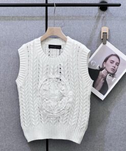 LV高仿女士針織無袖背心 鏤空花卉圖騰 白色時尚上衣