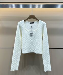 LV高仿女士白色方領長袖短版上衣時尚修身款