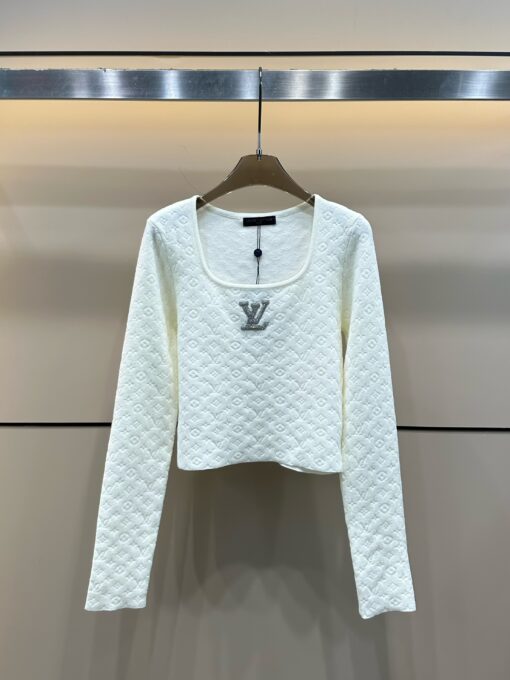 LV高仿女士白色方領長袖短版上衣時尚修身款