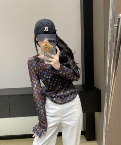 LV A貨女士長袖上衣黑色透視彩色Logo印花修身款