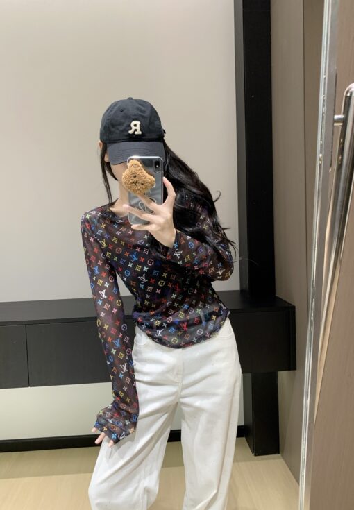 LV A貨女士長袖上衣黑色透視彩色Logo印花修身款