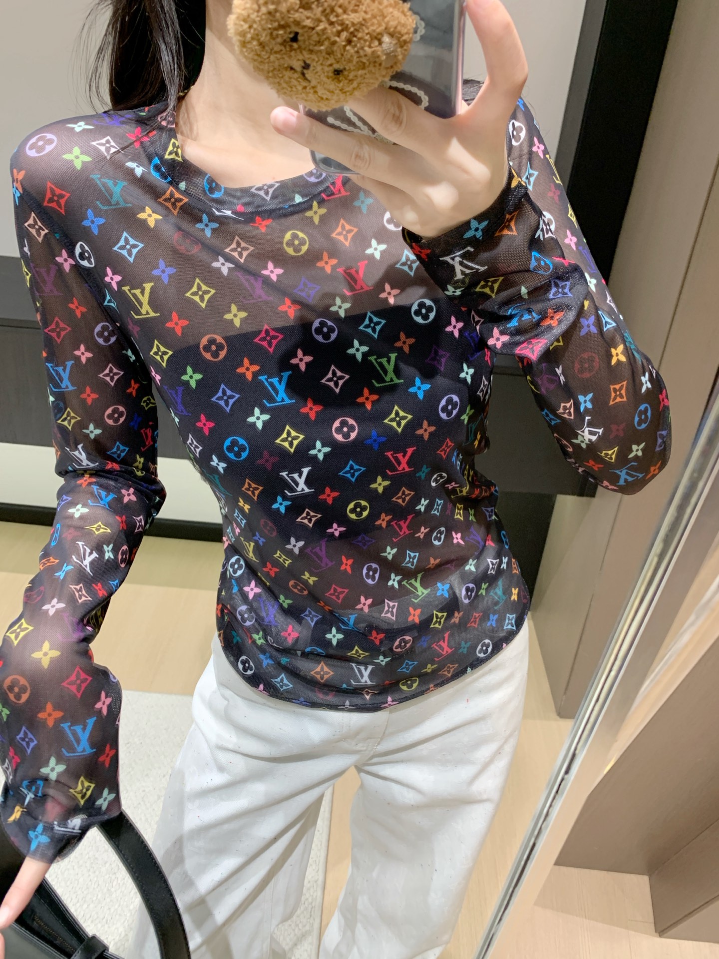 LV A貨女士長袖上衣黑色透視彩色Logo印花修身款｜歐美奢侈品精品推薦