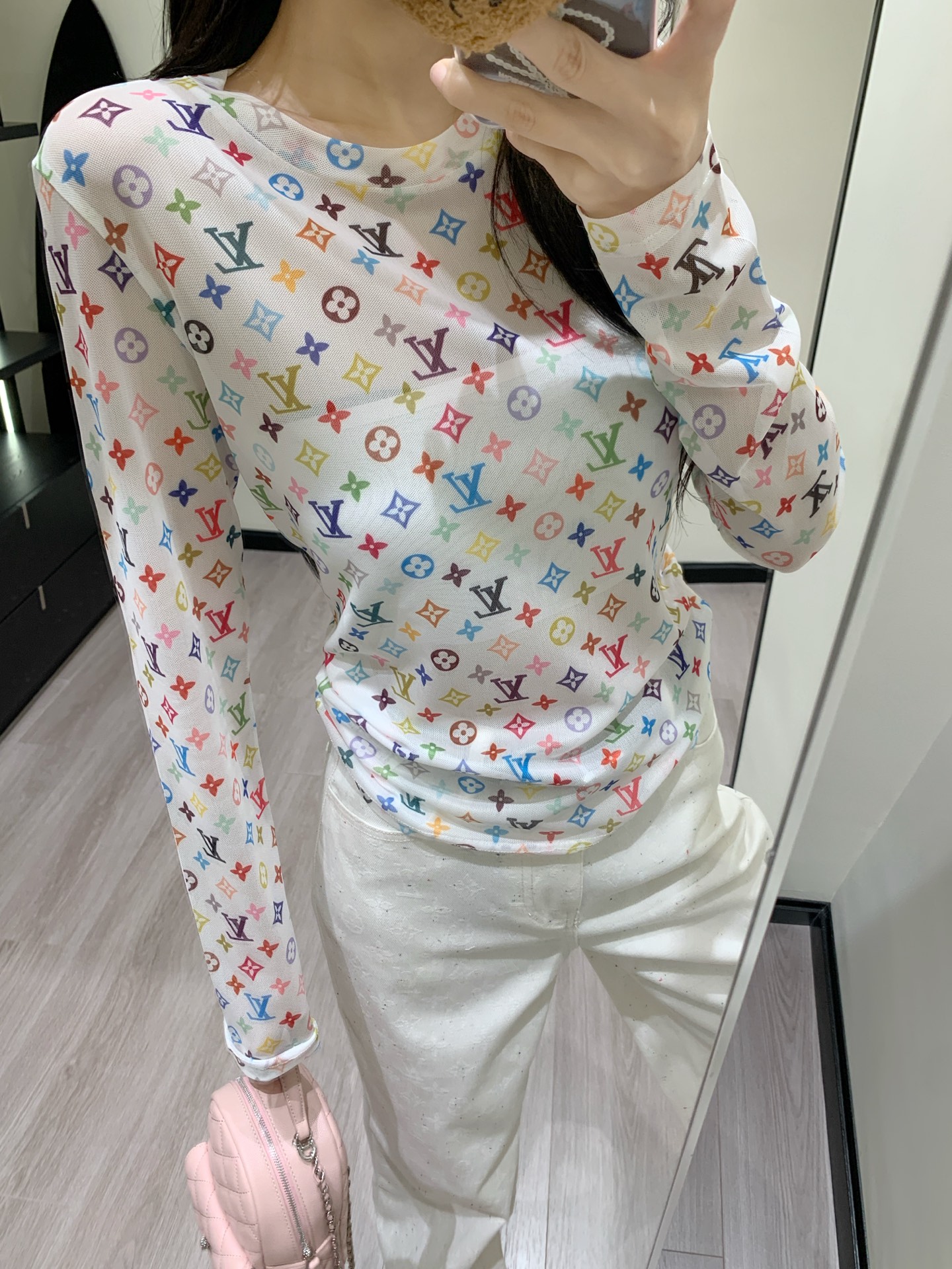 LV 精品仿製女士長袖上衣白色透視彩色Logo時尚修身款｜歐美奢侈品精品推薦