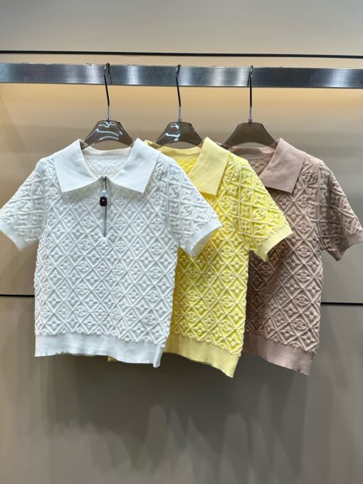 LV A貨菱格織紋短袖上衣 亮黃色拉鍊領設計