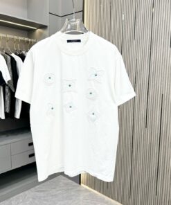 LV高仿白色短袖T恤 男士立體刺繡寶石點綴圓領上衣