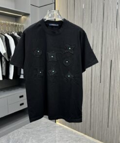 LV高仿黑色短袖T恤 男士立體刺繡寶石點綴圓領上衣