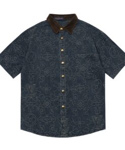 LV 高仿男士牛仔短袖襯衫 金扣口袋設計 對比領時尚單品