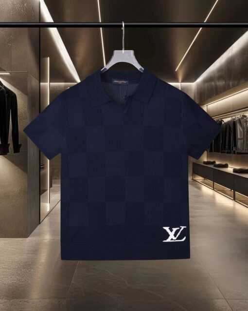LV 高仿男士短袖 Polo 深藍棋盤格典雅百搭款