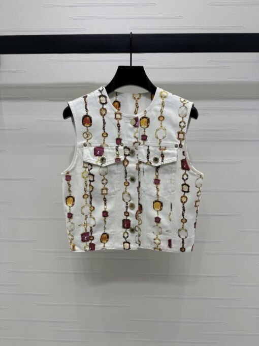 LV精品仿製女士馬甲背心白色寶石鏈條印花設計感單品