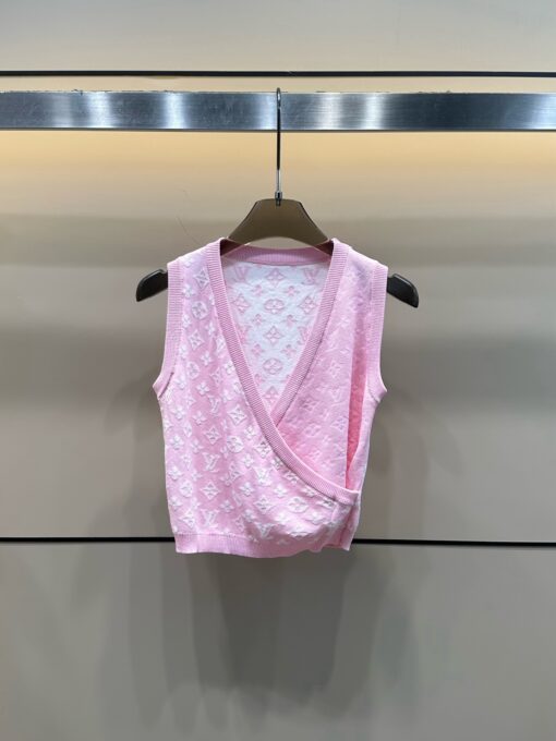LV精品仿製女士粉白拼色V領針織背心甜美百搭款