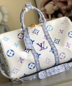 LV 一比一 白底藍紫Monogram Keepall 旅行袋 時尚大容量